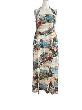 White Closet Linen Blend Scenic Print Halter Maxi Dress in Teal and Coral